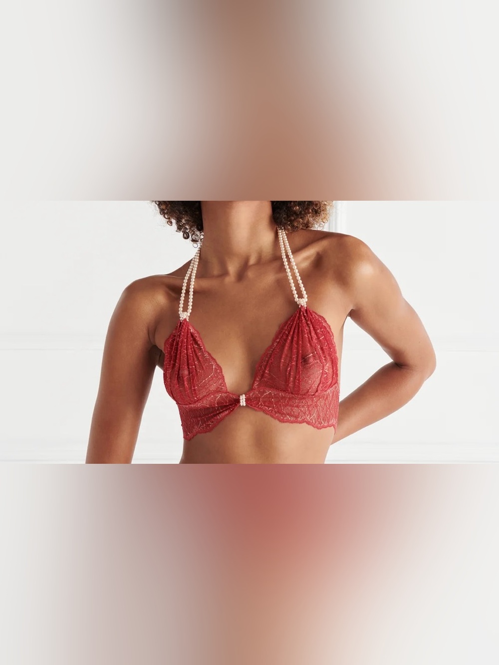 Bracli Red Lace Halter Bralette with Pearl Strap Detail
